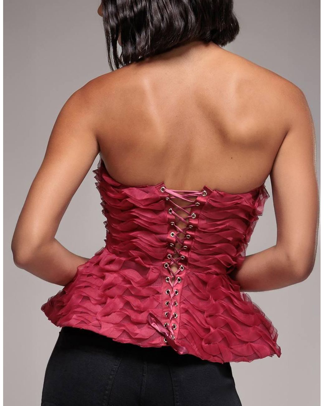 Goddiva Peplum 3D Textured Boob Tube Lace Up Corset