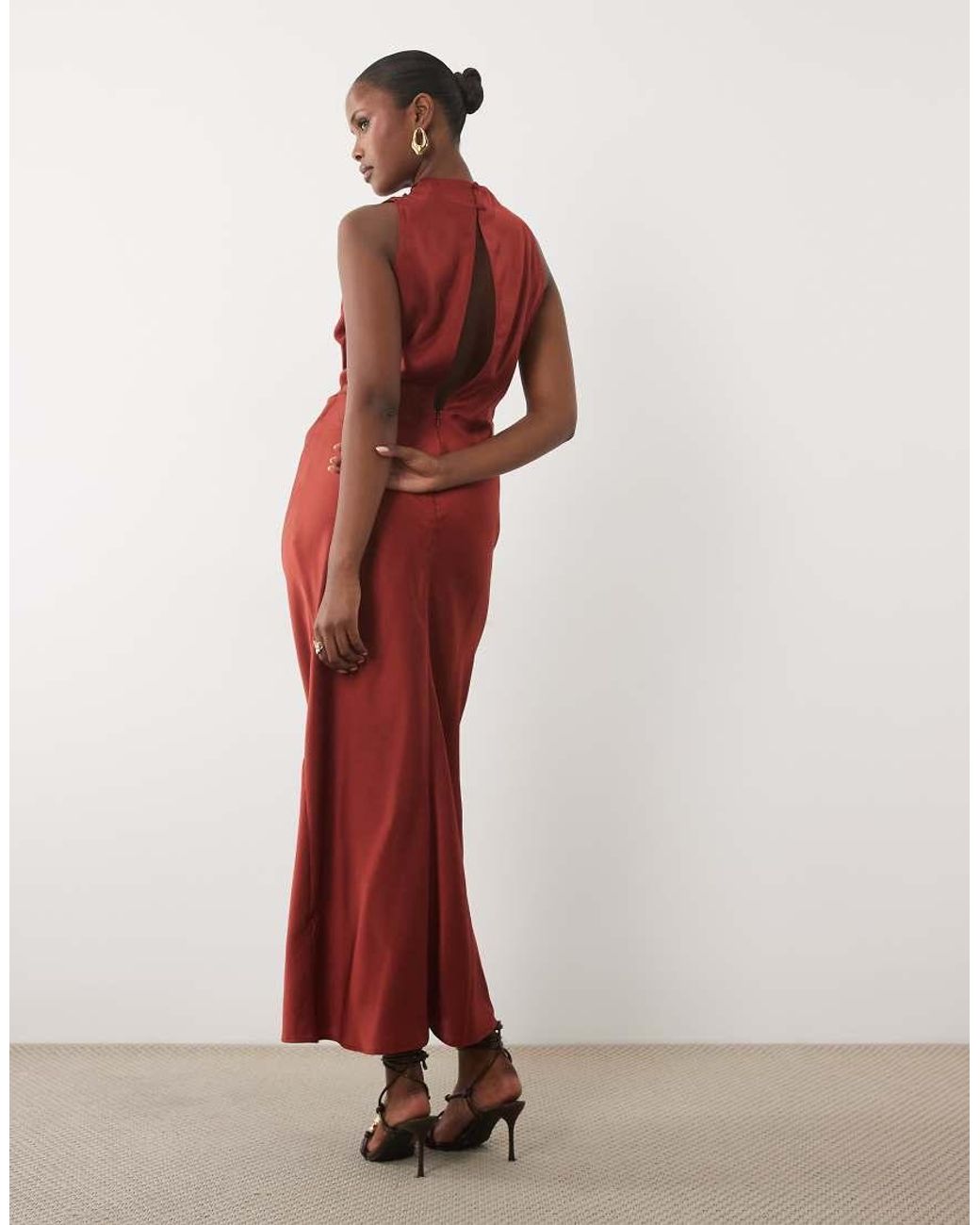 ASOS Pleated Gathered Bodice Satin Maxi Dress With High Neck