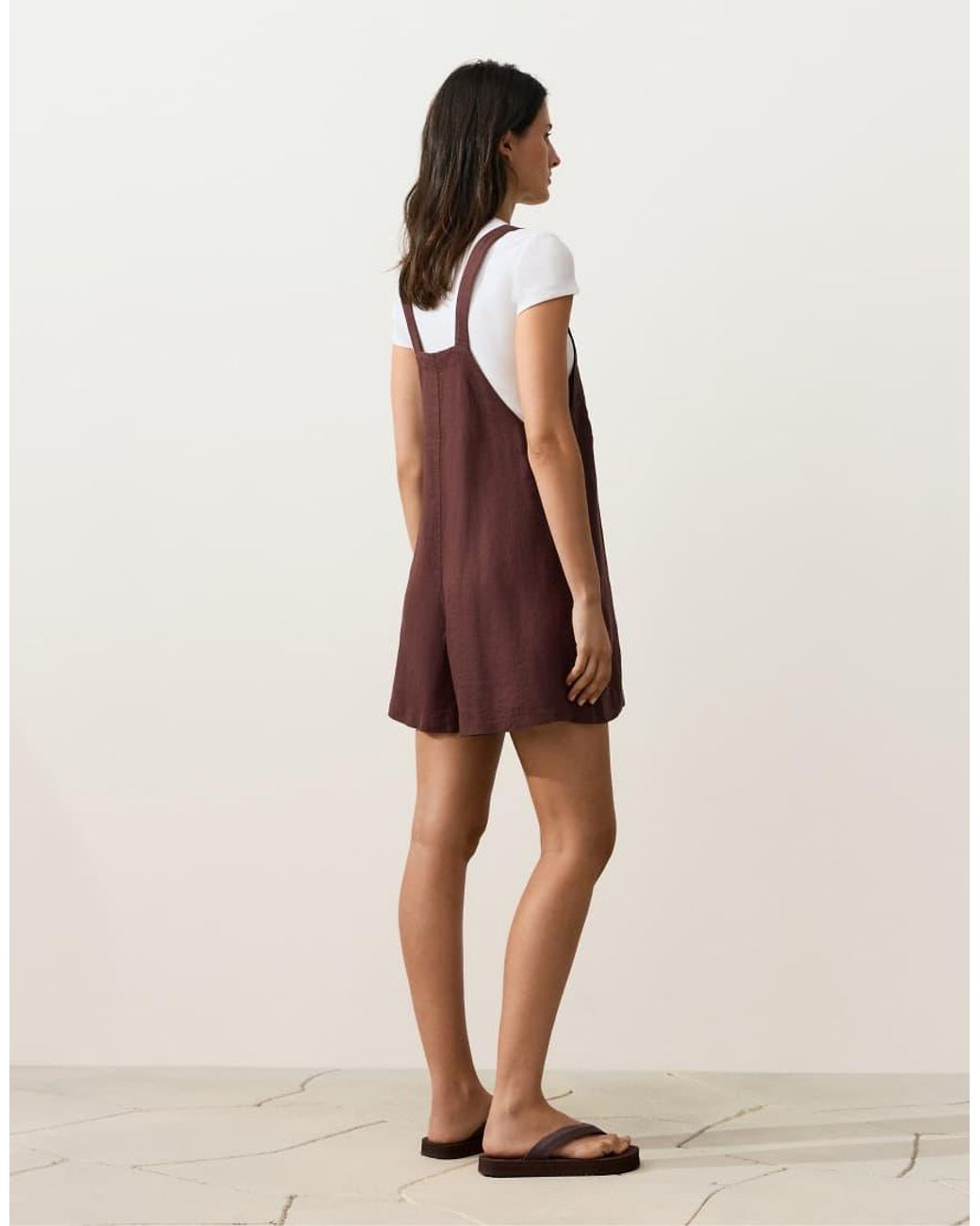 Oysho Brown Short Strappy 100% Linen Jumpsuit