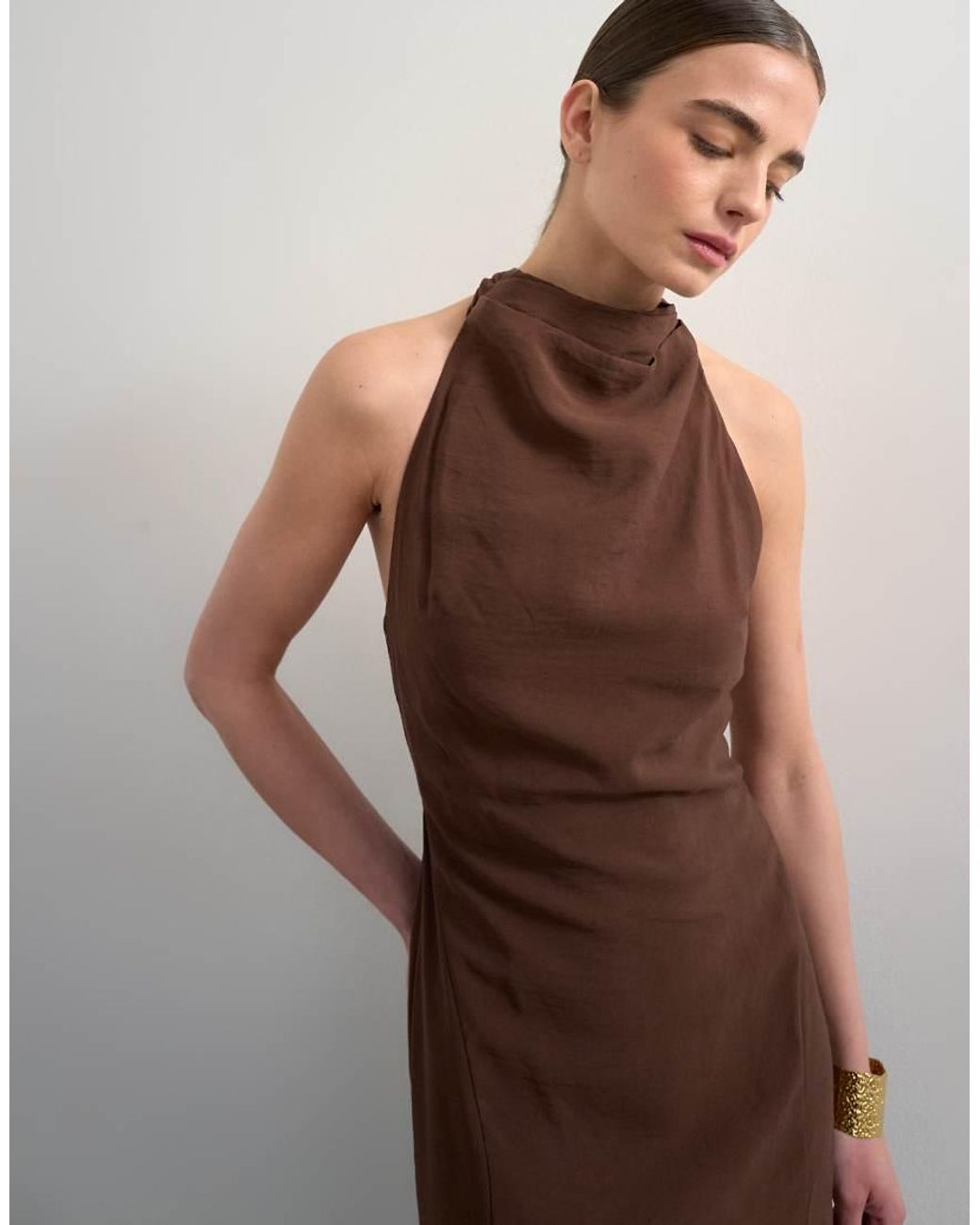 TOPSHOP Brown Halter Cowl Maxi Dress