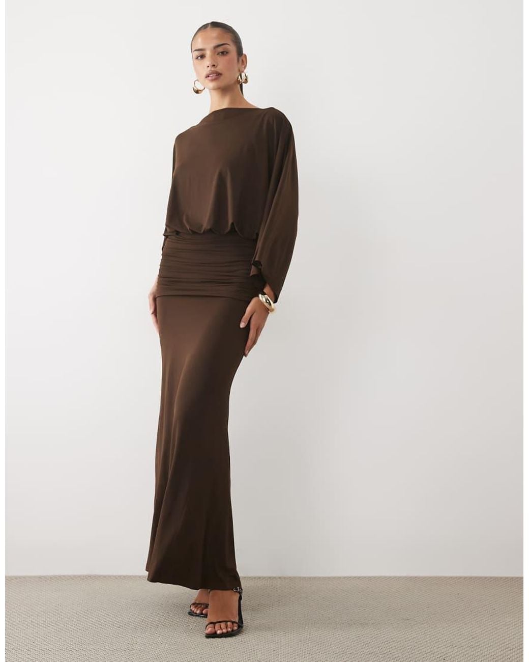 Pretty Lavish Brown Slinky Slash Neck Batwing Sleeve Draped Maxi Dress