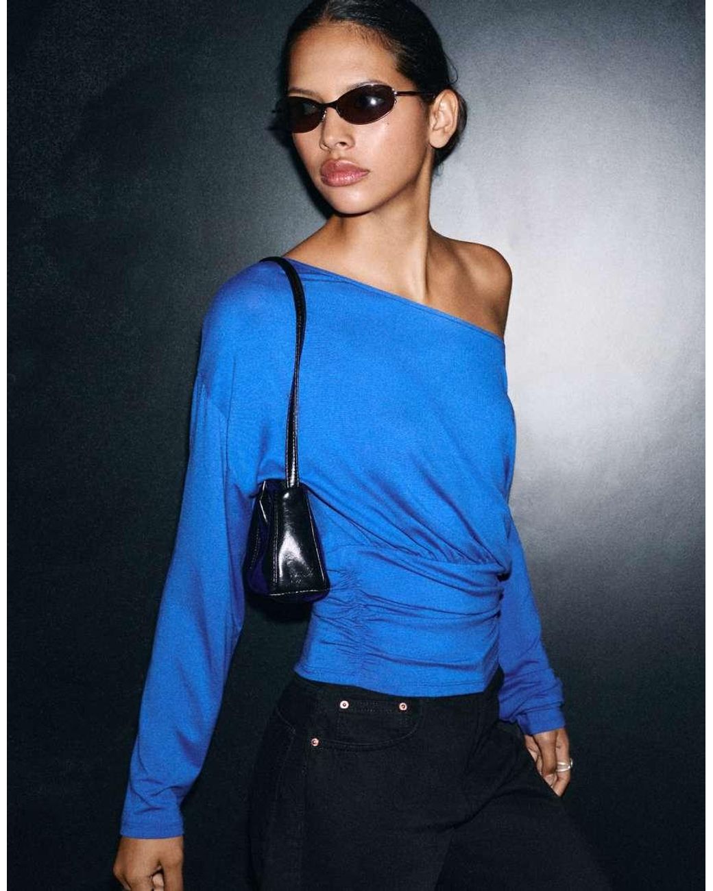 Pull&Bear Blue Boat Neck Top With Waistband