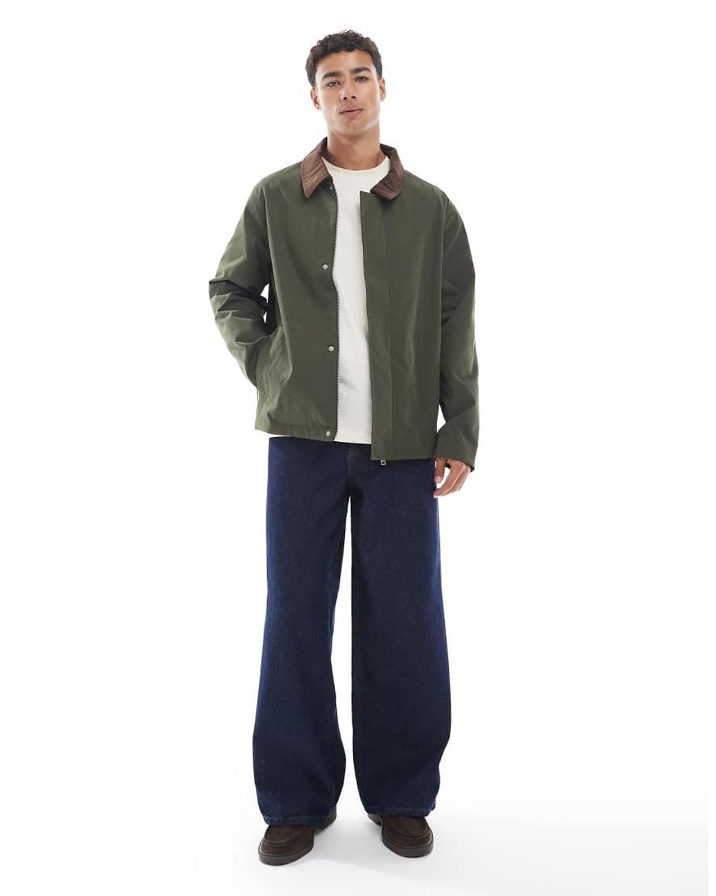 Jack & Jones Green Harrington Jacket With Cord Collar for men