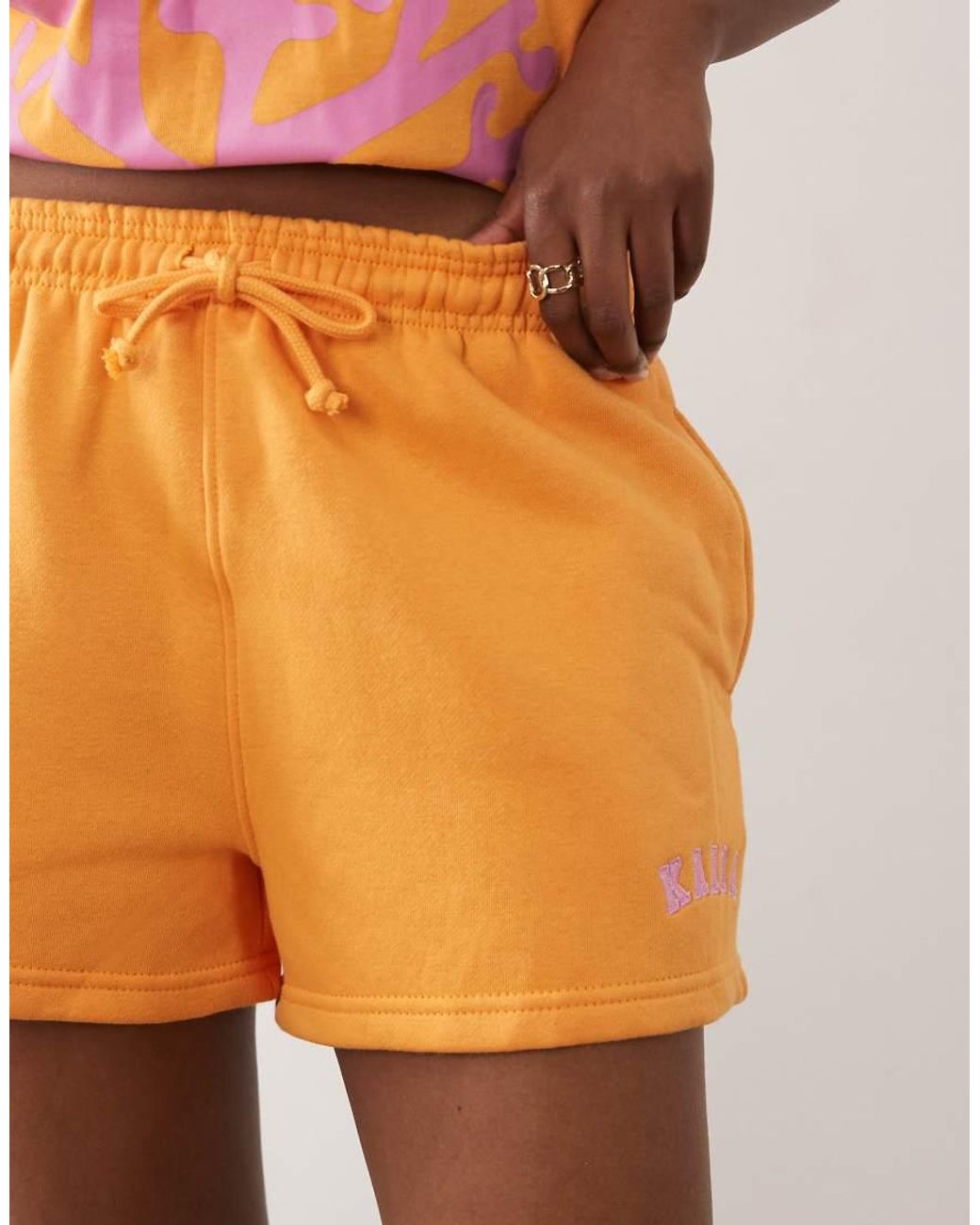 Kaiia Orange Cotton Rich Embroidered Logo Mini Sweat Shorts Co-ord