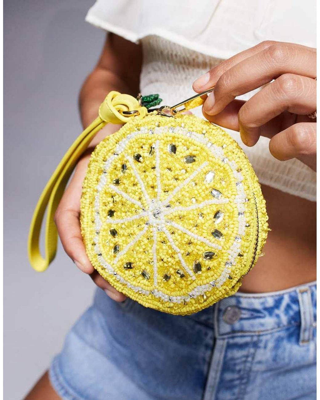 Hand-Beaded Lemon Yellow Clutch Bag - Silver Chain Strap, Canvas, Magnetic Closure