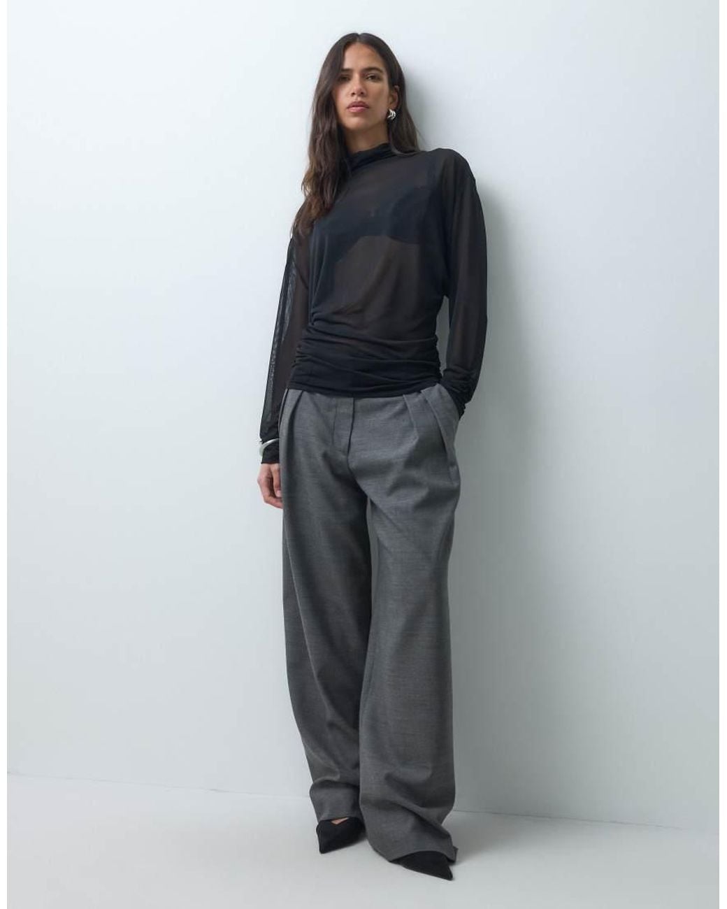 ASOS Gray Sheer Batwing High Neck Ruched Sleeve Top