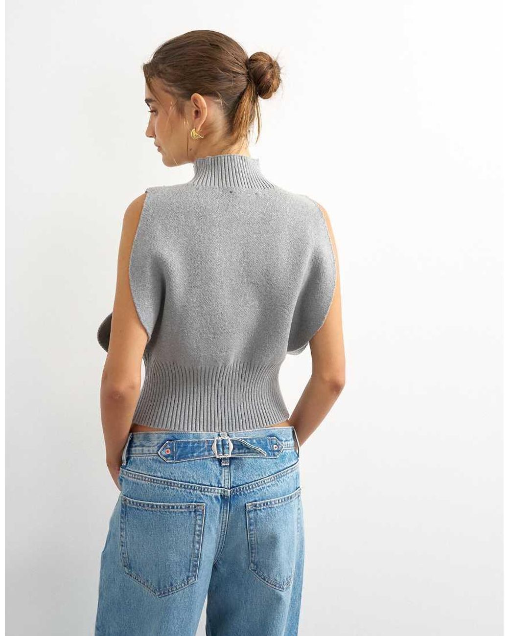 TOPSHOP Blue Knitted Sculpted Sleeveless Funnel Neck Jumper