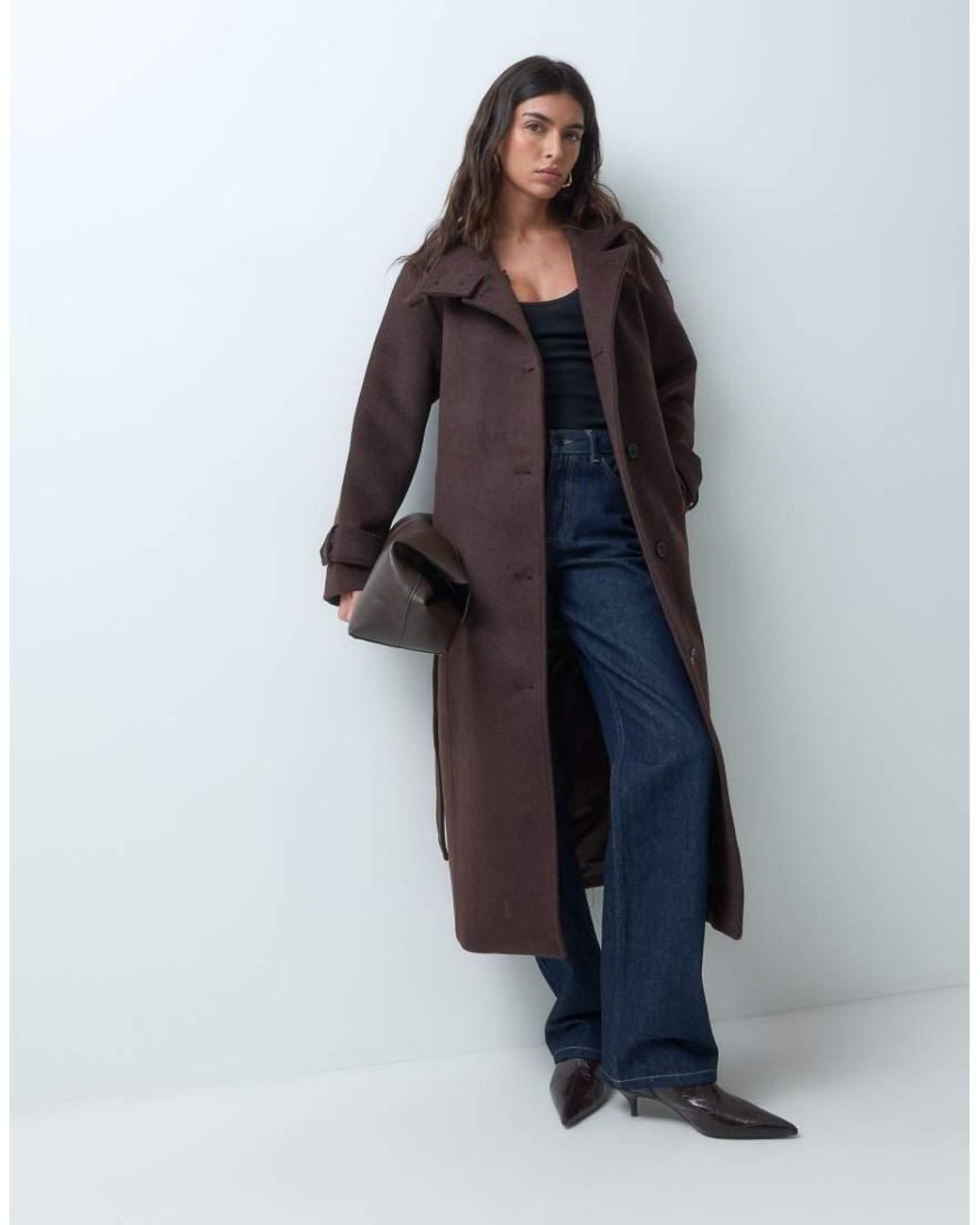 Abercrombie & Fitch Brown Wool Rich Blend Funnel Neck Belted Coat