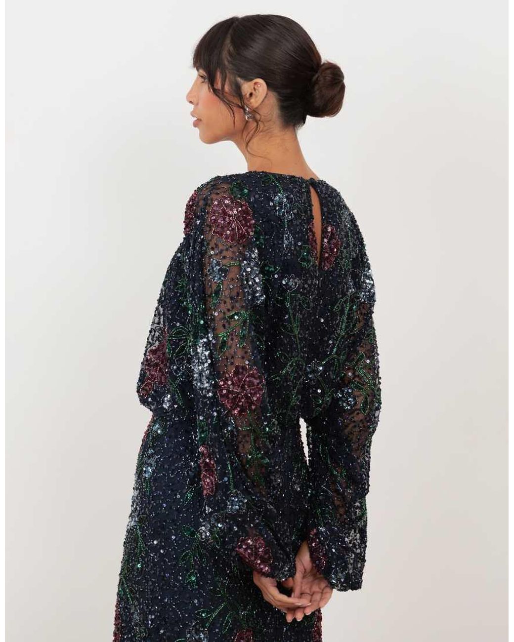 Maya Blue Embellished Round Neck Long Blouson Sleeve Maxi Dress