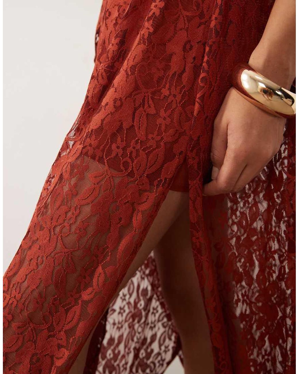 ASOS Red Lace Bandeau Asymmetric Drape Midi Dress With Plait Detail