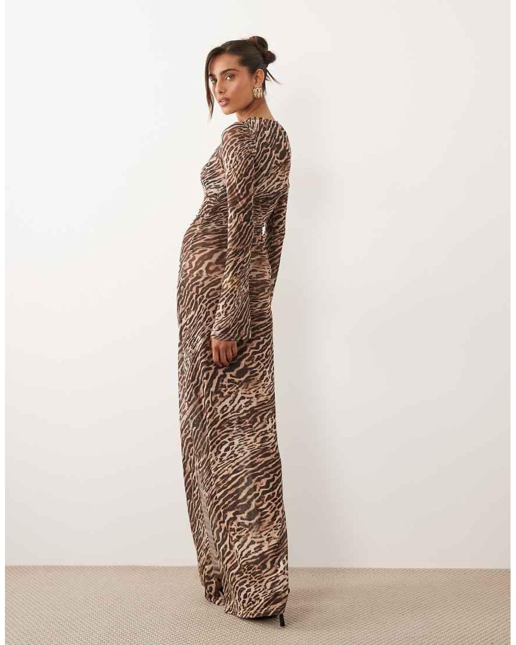 Ruched & Ready Brown Mesh Flared Long Sleeve Maxi Dress