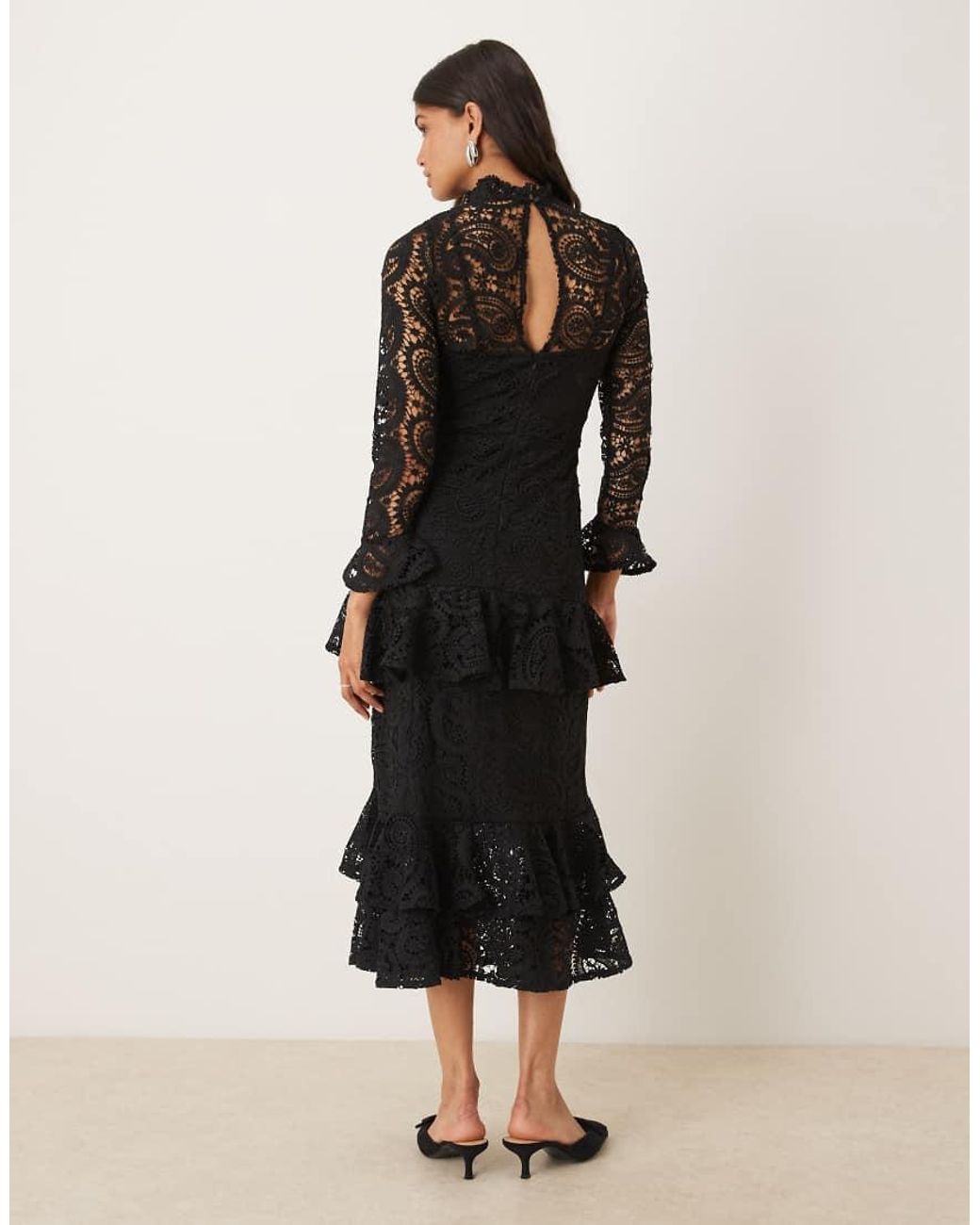 Maya Black High Neck Long Sleeve Lace Midaxi Dress