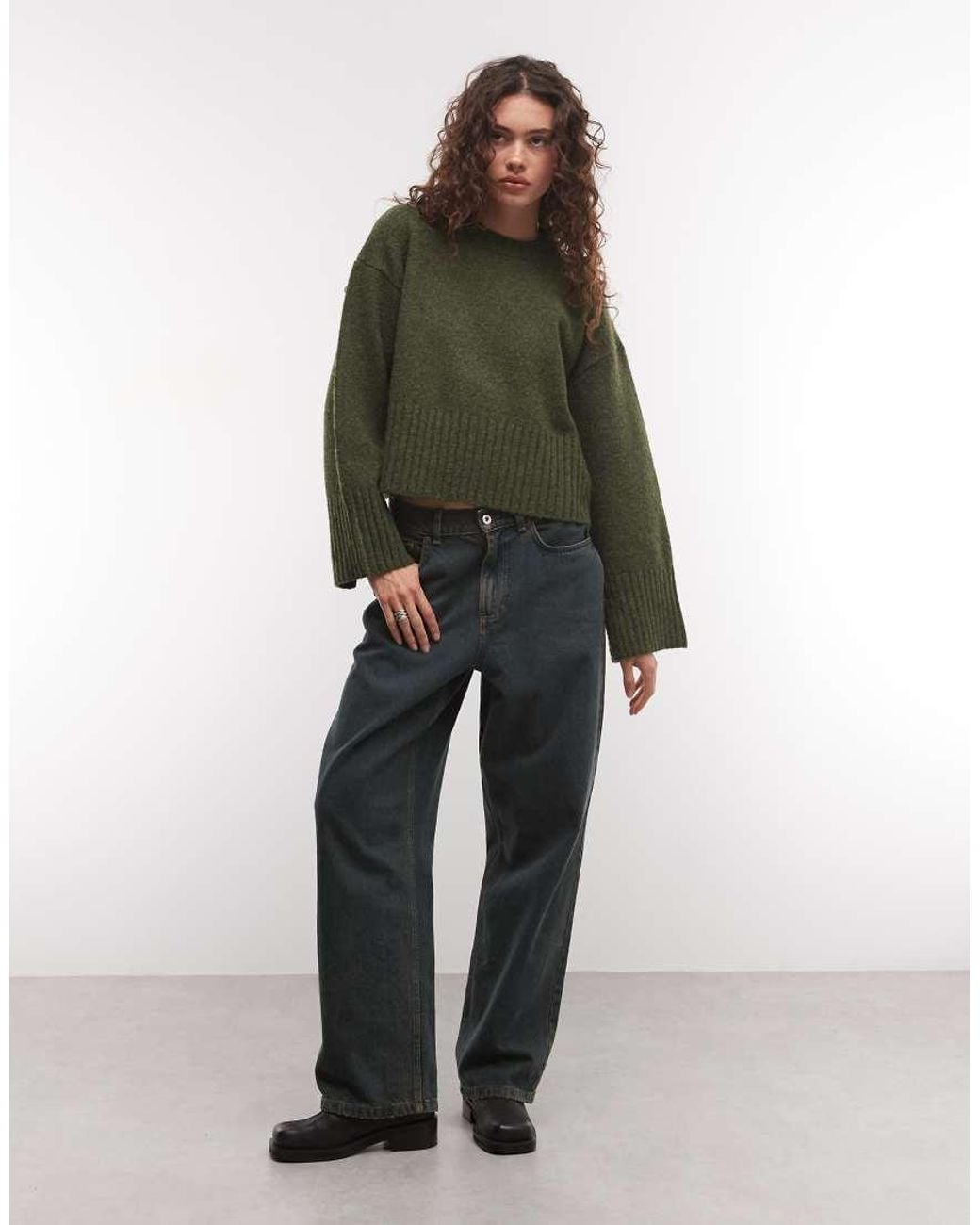 Monki Green Relaxed Crew Neck Jumper