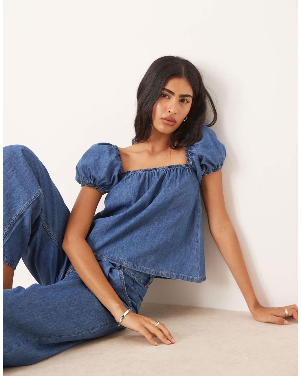 ASOS Babydoll Denim Top With Puff Sleeve in Blue | Lyst