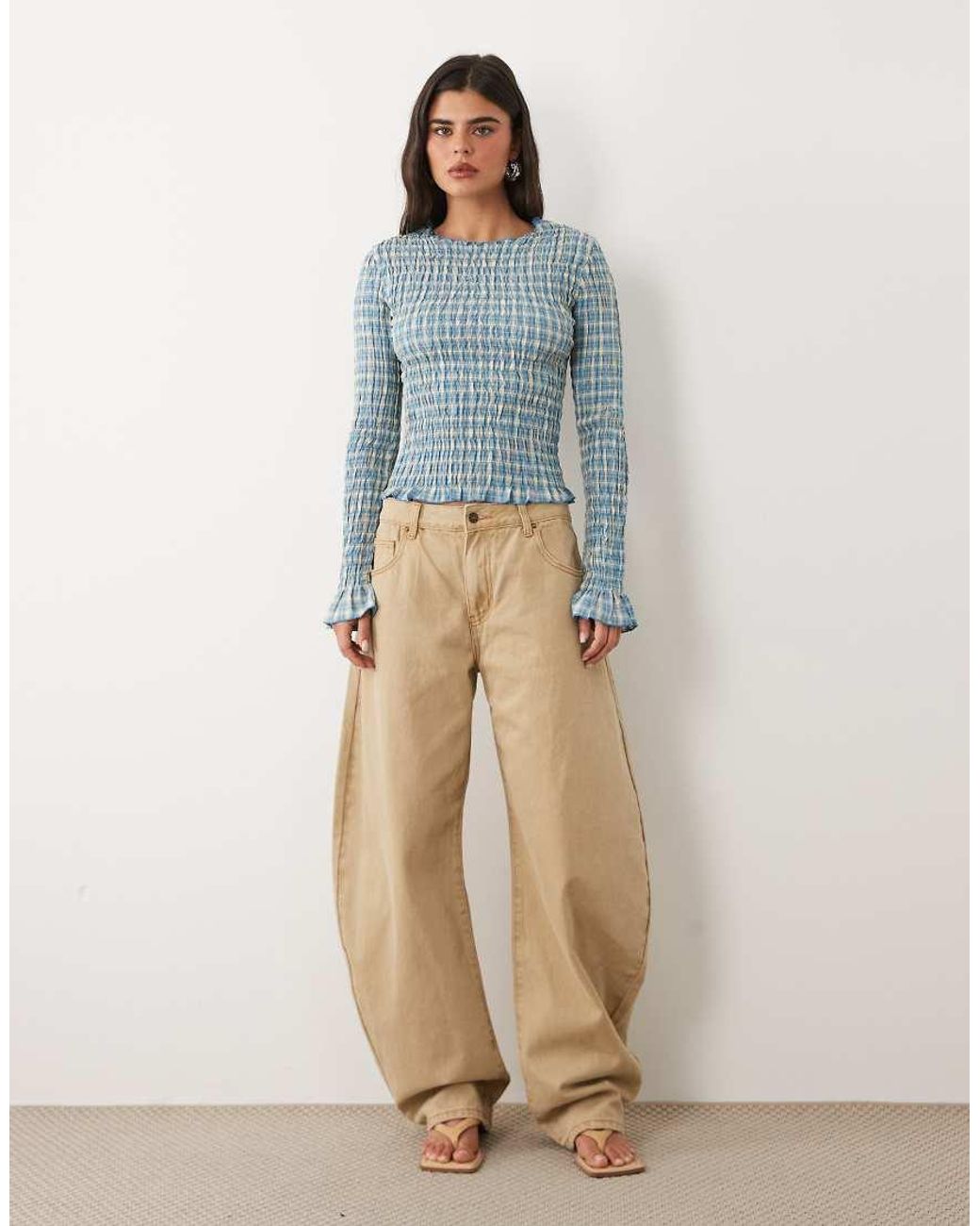 Daisy Street Blue Long Sleeve Shirred Top
