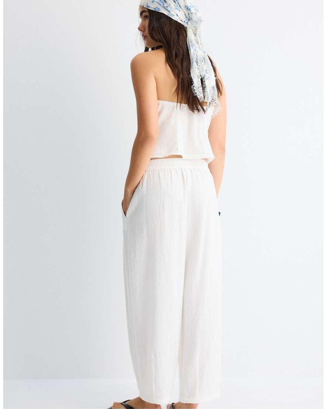 Stradivarius White Flowing Barrel Trousers