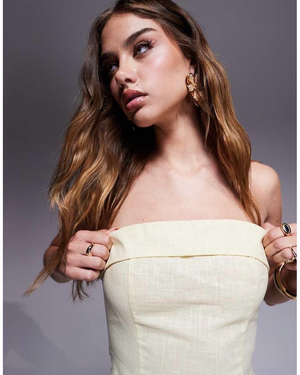 Kaiia Purple Exclusive Linen Look Tailored Fold Over Bandeau Pocket Detail Midaxi Dress