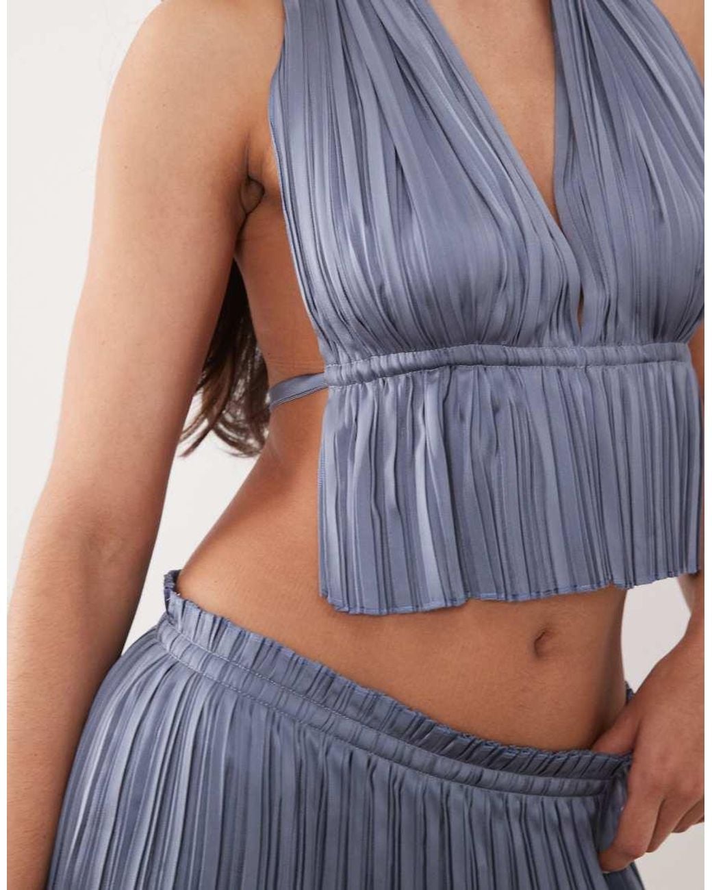 Aria Cove Blue Plisse Halterneck Plunge Open Tie Back Top