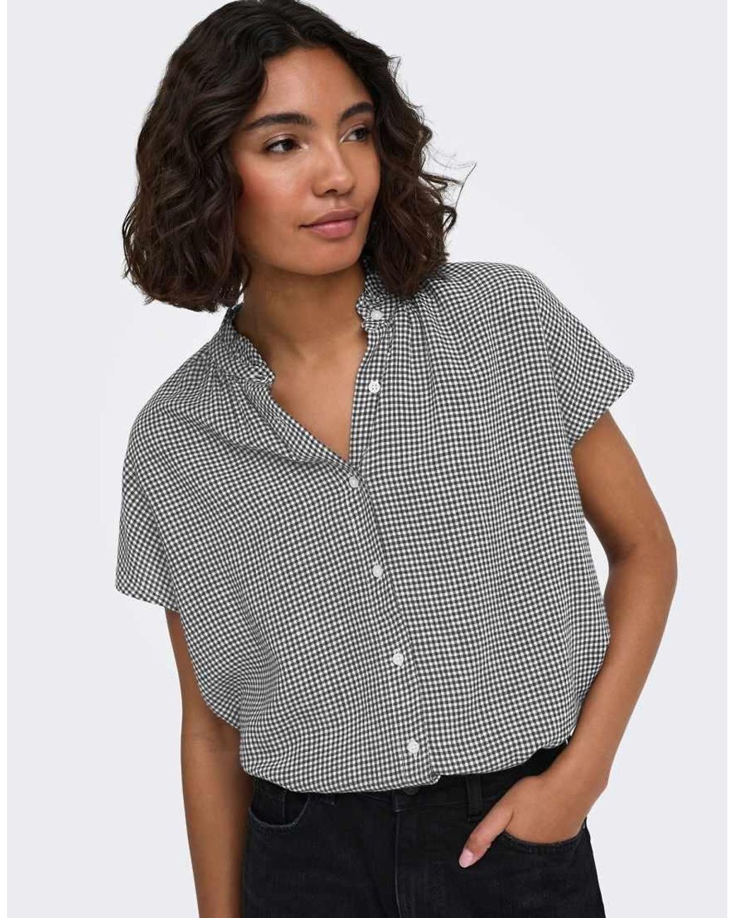 ONLY Gray Sitala China Collar Short Sleeve Top
