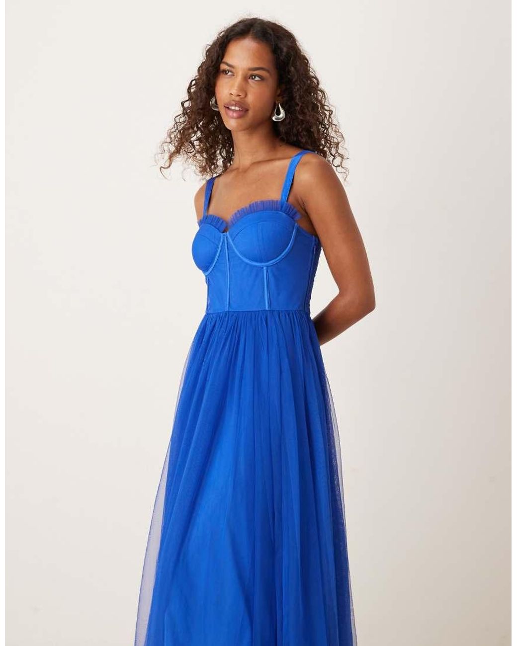 LACE & BEADS Blue Tulle Corset Midi Dress