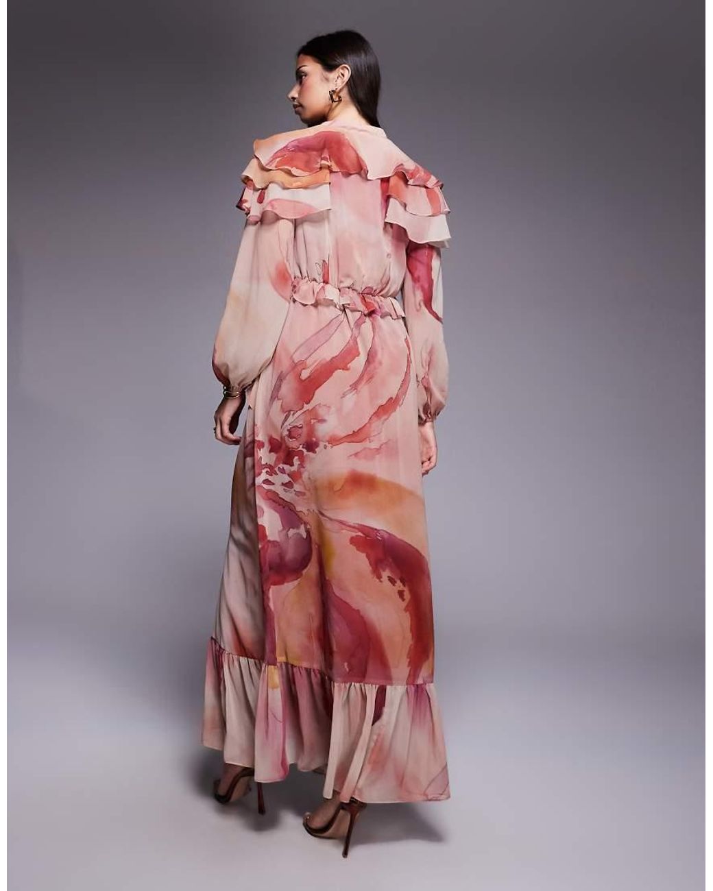 DASKA Multicolor Chiffon Ruffle Caped Maxi Dress