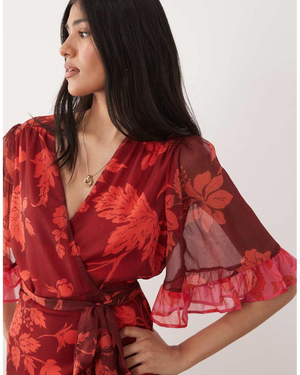 Hope & Ivy Red Flutter Sleeve Contrast Wrap Maxi Dress