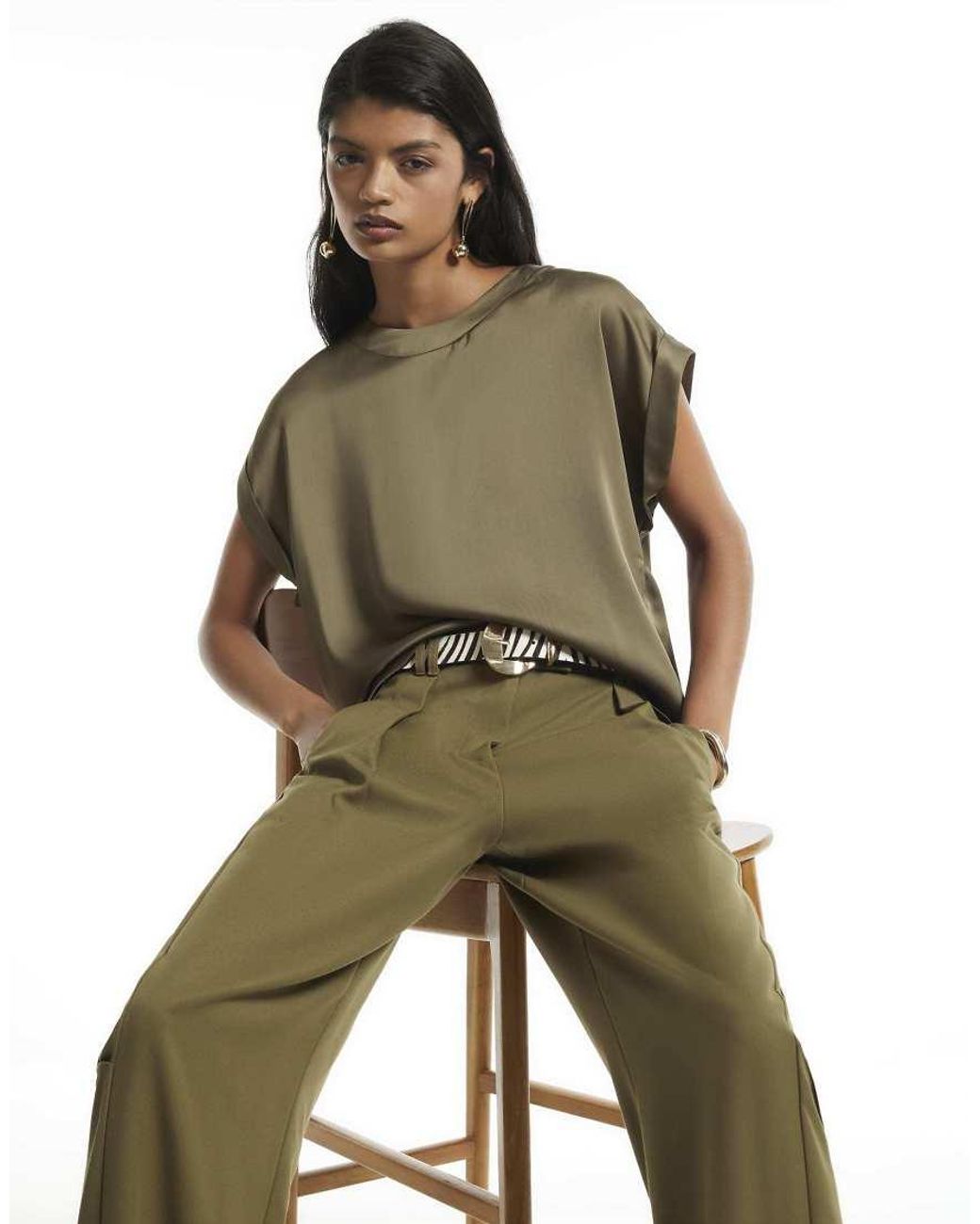 River Island Green Satin Turn Back Cuff Blouse