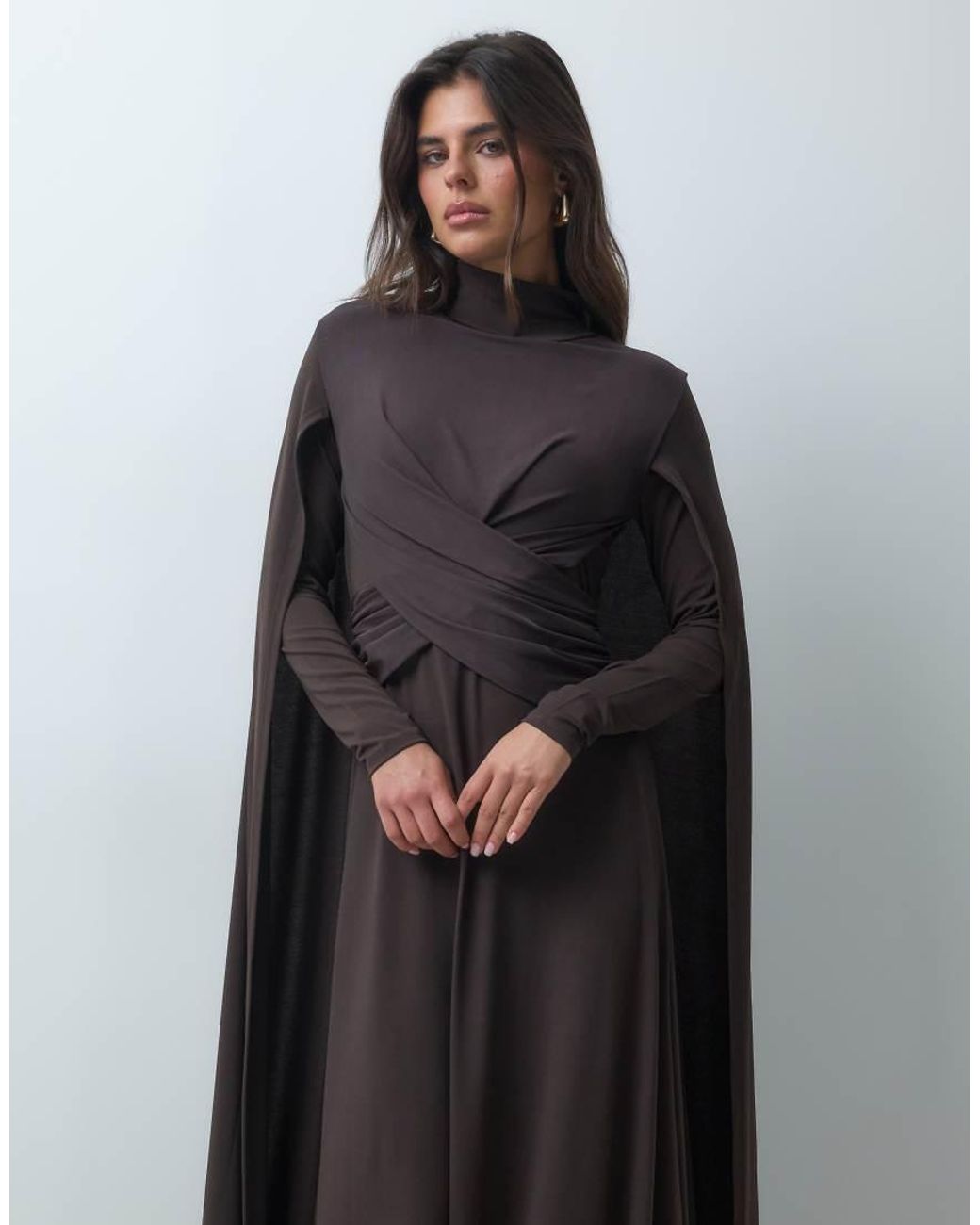 Iyal Black Mesh Cross Front Cape Detail Maxi Dress