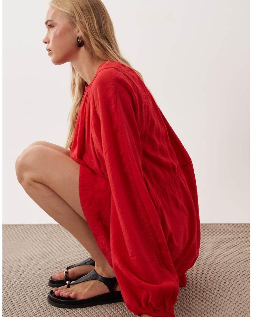 ASOS Red Crew Neck Mini Dress With Ruched Waist Channel And Blouson Sleeves