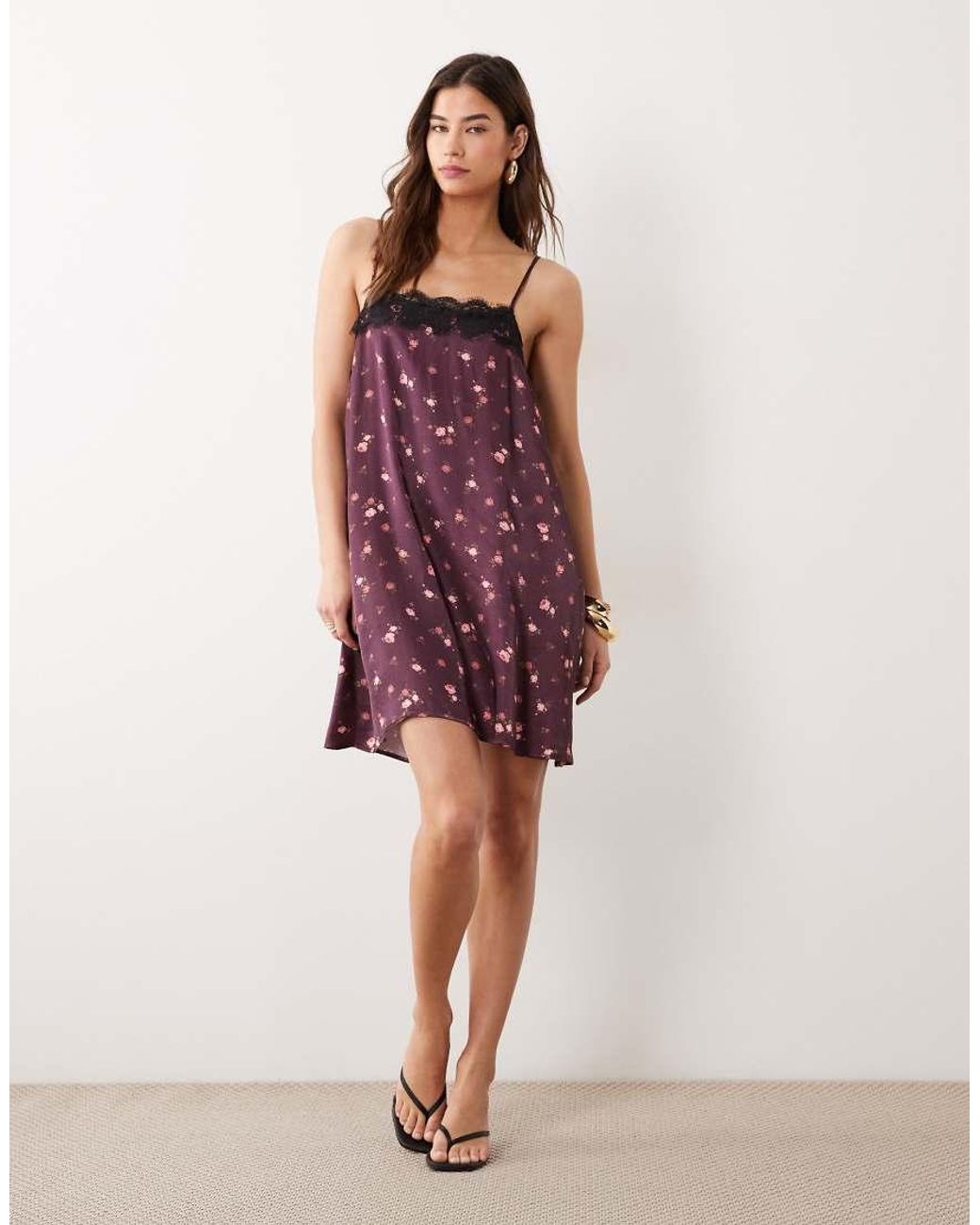 Miss Selfridge Purple Satin And Lace Trim Cami Mini Dress