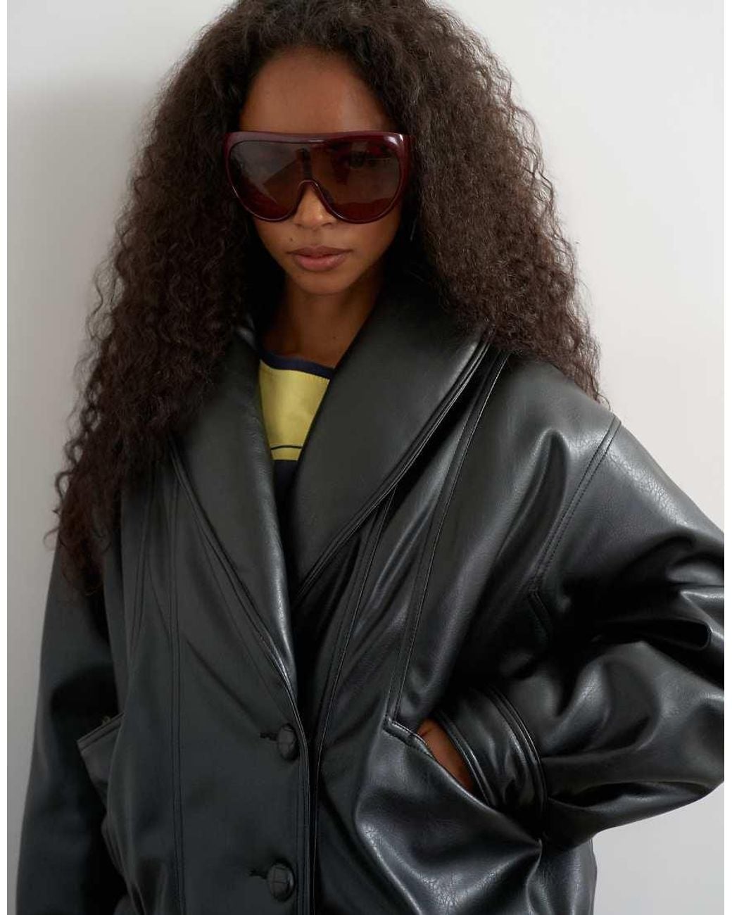 TOPSHOP Black Super Oversized Faux Leather Shawl Collar Bomber Jacket