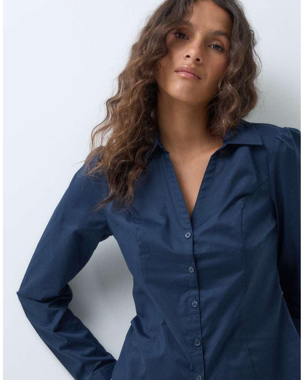 Hollister Blue Long Sleeve Fitted Tie Up Shirt