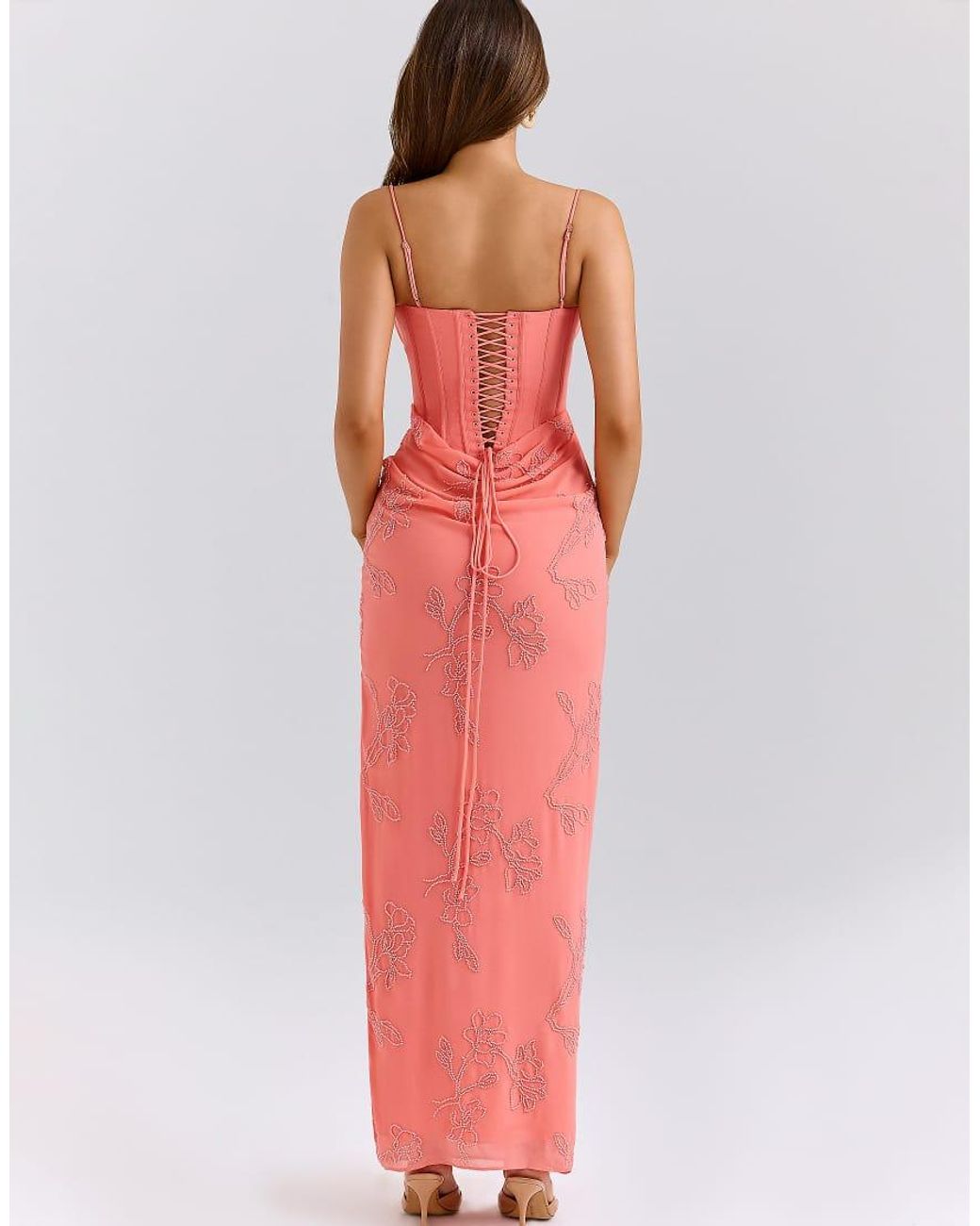 House Of Cb Red Carmella Coral Embellished Hand Beaded Maxi Dress