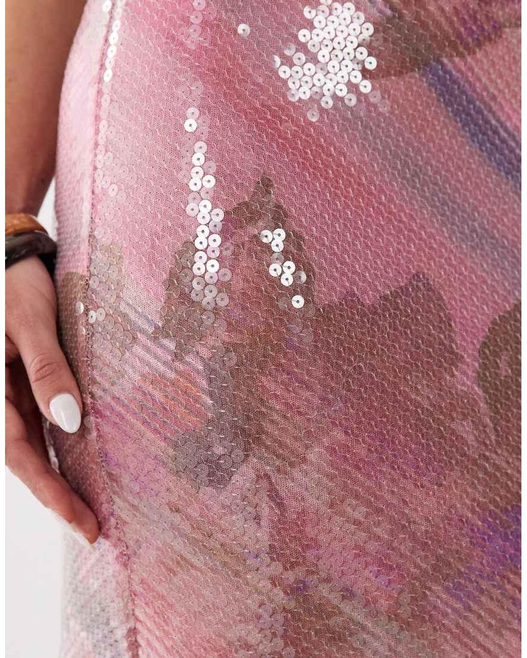 ASOS Pink Glass Sequin Deep Plunge Fishtail Maxi Dress