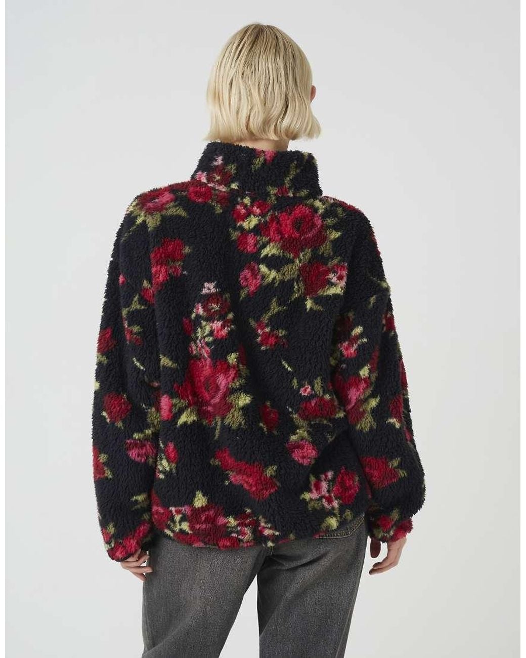 Brave Soul Black Sherpa Fleece Floral Print Zip Sweatshirt
