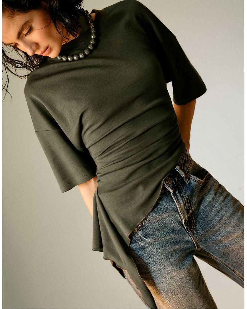 Stradivarius Green Asymmetric Short Sleeve T-shirt