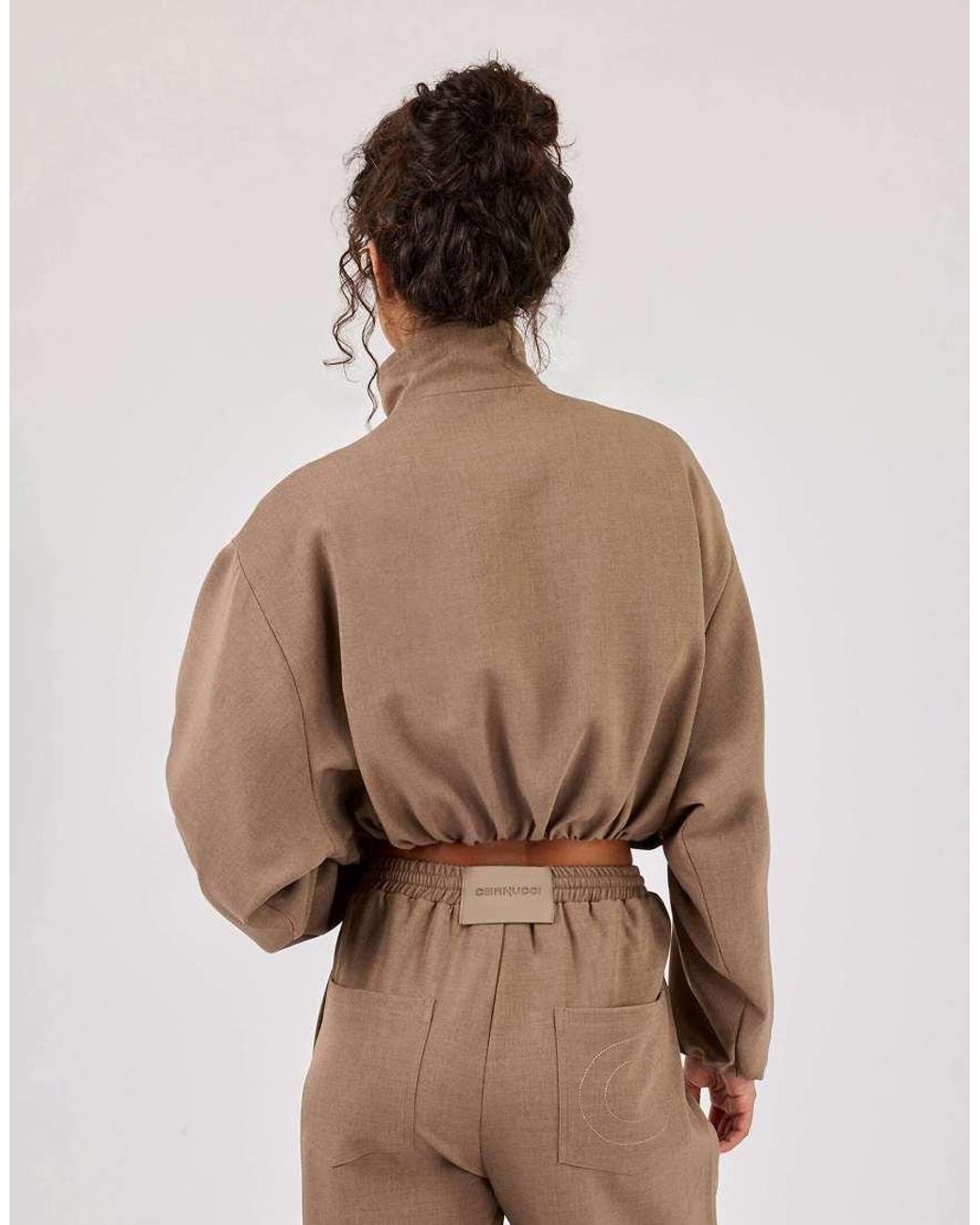 CERNUCCI Brown Twill Elasticated Hem Funnel Neck Jacket