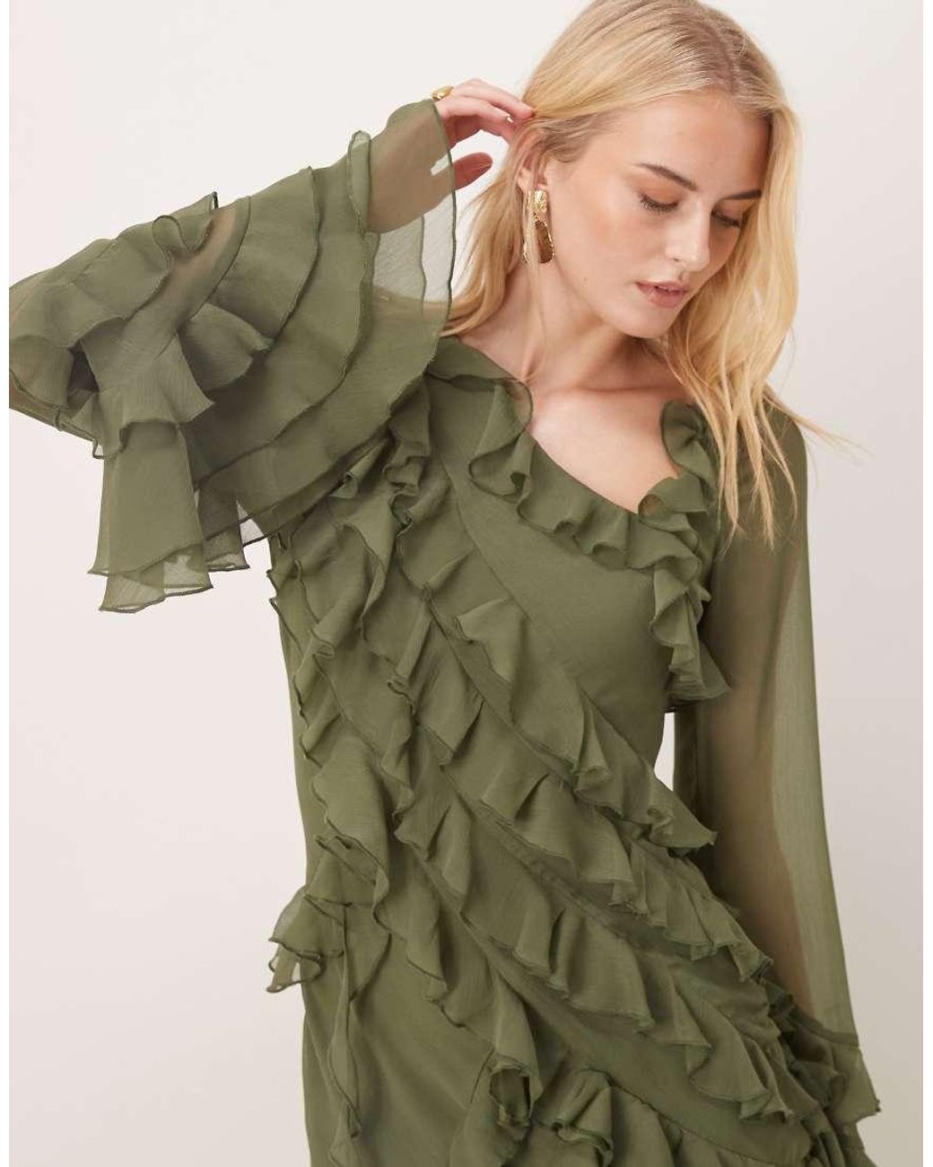 ASOS Green Asos Design Tall Chiffon Long Sleeve Asymmetric Tiered Soft Ruffle Maxi Dress