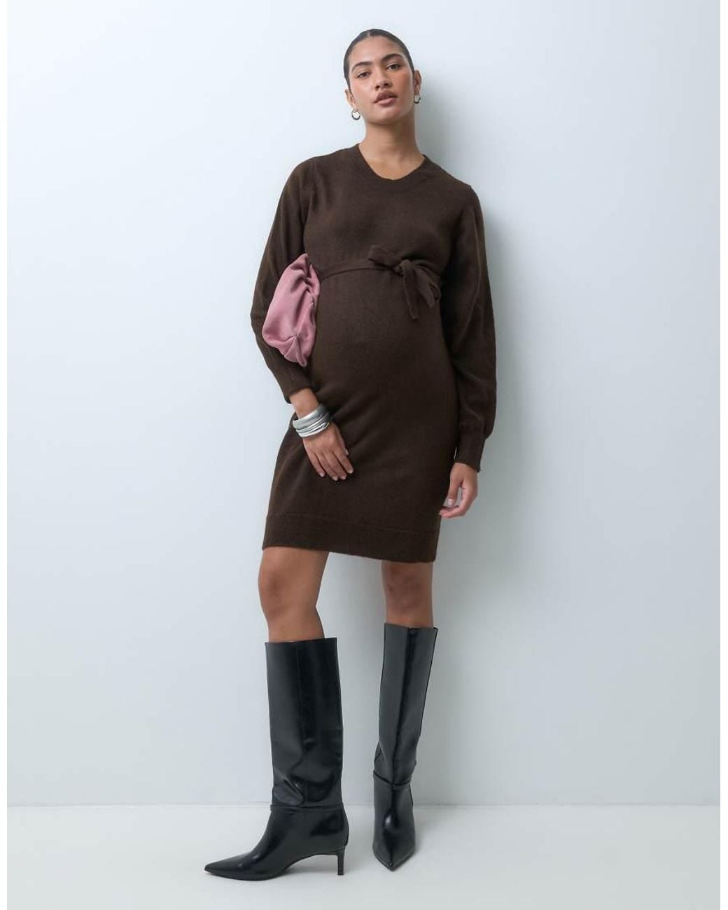 Mama.licious Brown Mamalicious Maternity Knitted Midi Dress With Belt