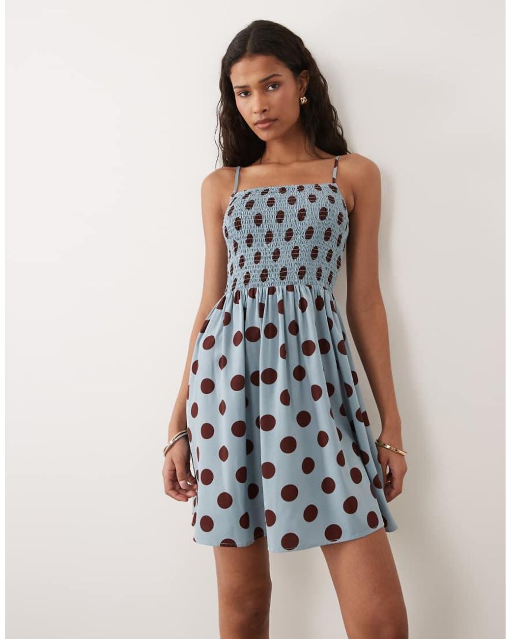 Brave Soul Natural Polka Dot Mini Dress With Shirred Bodice