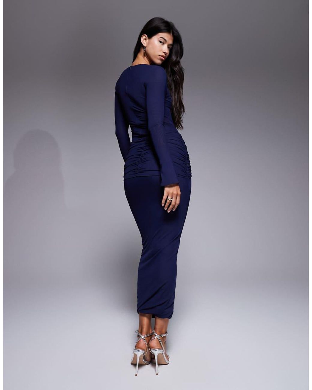 Ruched & Ready Blue Mesh Ruched Drape Detail Bodycon Maxi Skirt
