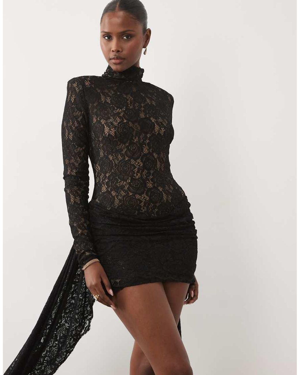 The Dolls House Black Kiki Lace High Neck Drape Detail Mini Dress