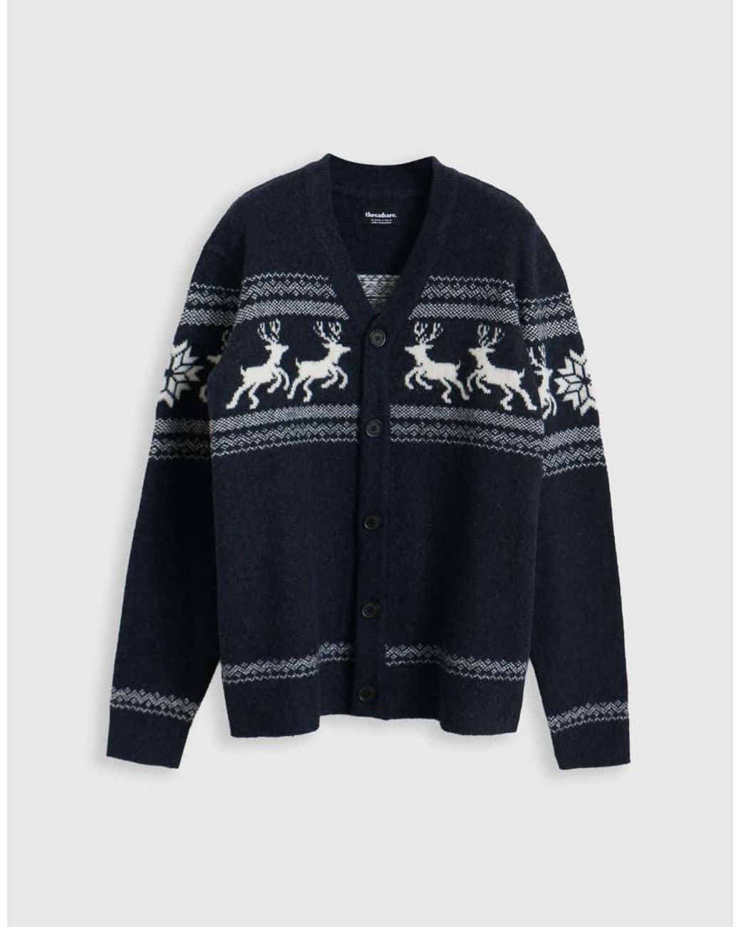 Threadbare Blue Reindeer Fairisle V Neck Christmas Cardigan for men