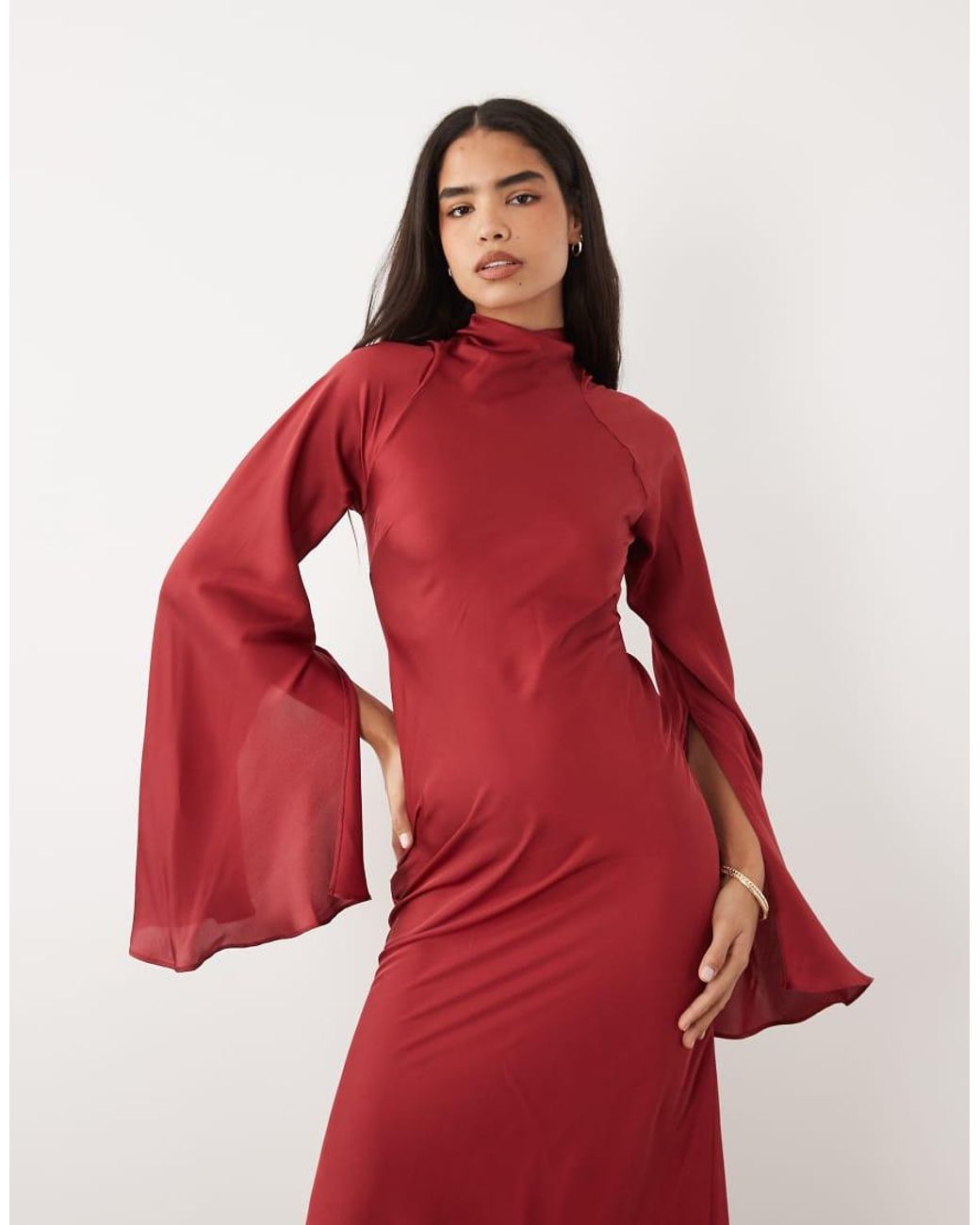 ASOS Red Satin Maxi Dress With Split Sleeve And Scarf Detail