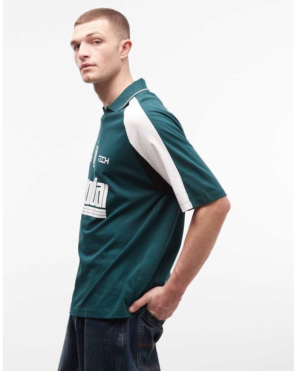 ASOS Blue Oversized Polo With Cut And Sew Panelling And Sports Graphic for men