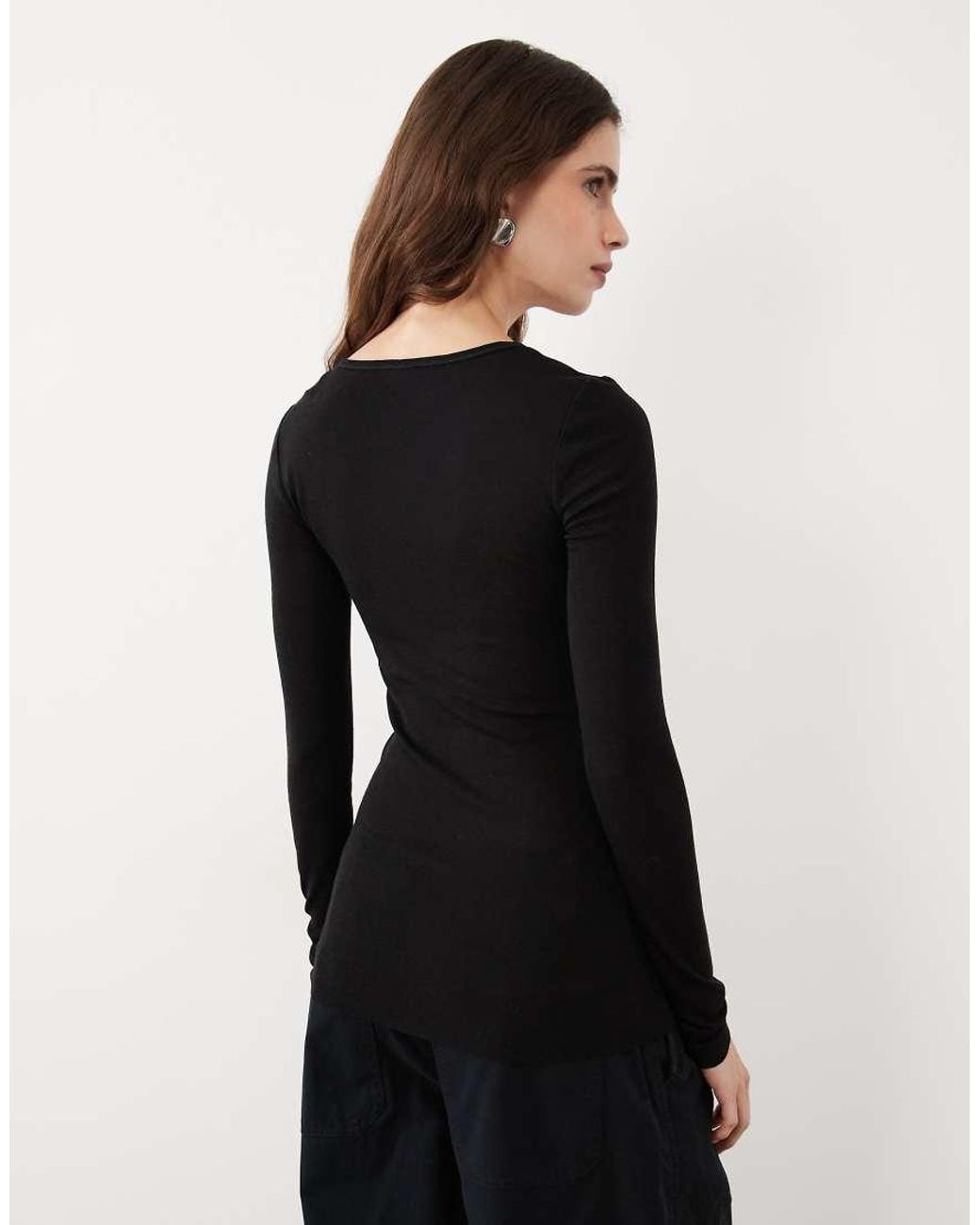 ARKET Black V Neck Long Sleeved Wool Rib Top