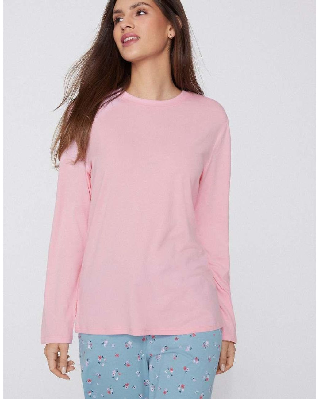 Tezenis Pink Cotton Modal Long Sleeve Round Neck Top