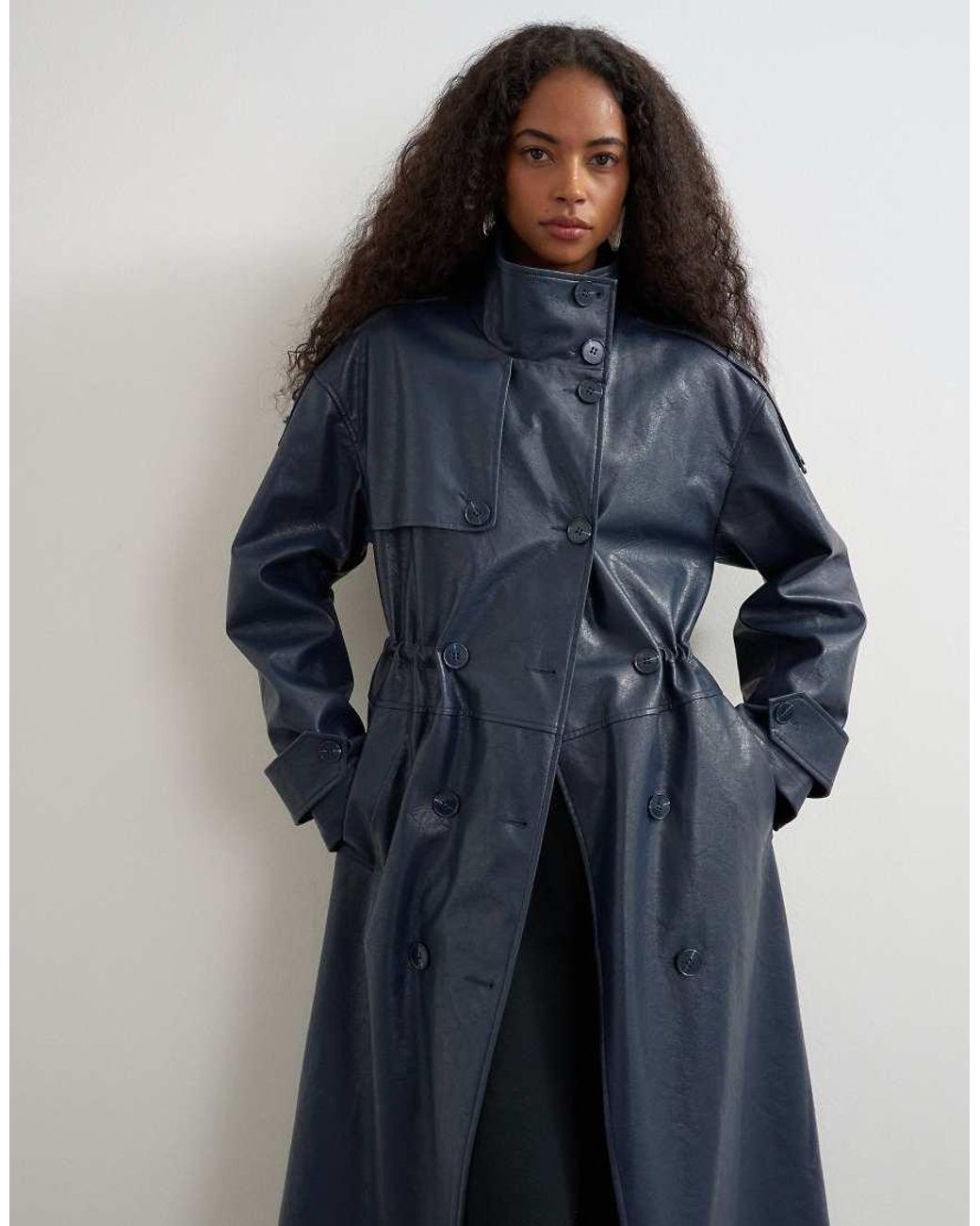 TOPSHOP Blue Faux Leather Longline Cinch Waist Trench Coat