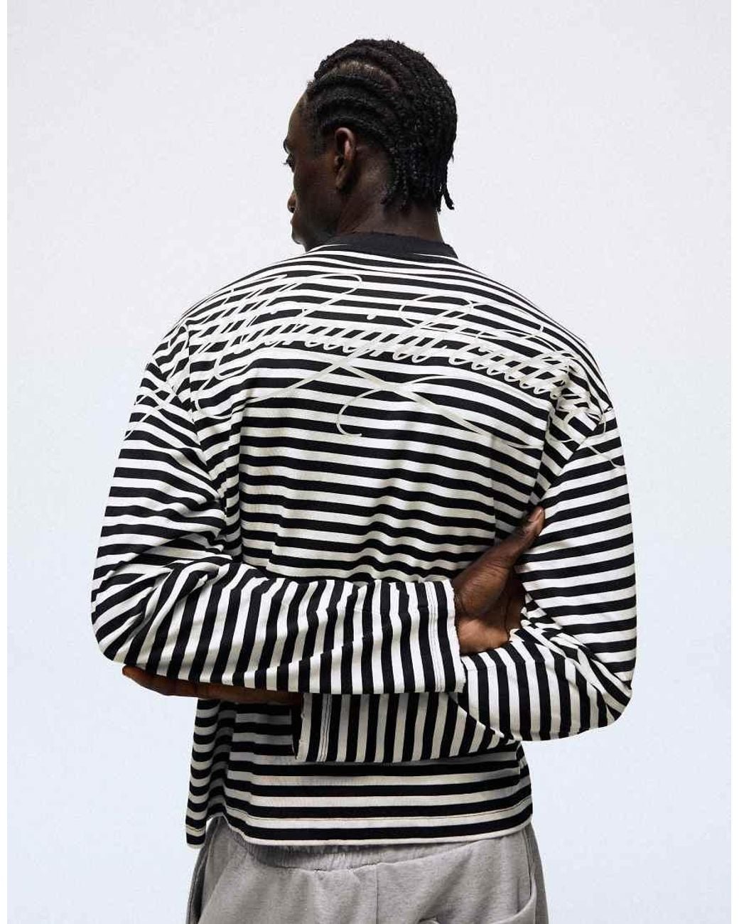 Bershka White Stripe Print Long-Sleeved T-Shirt for men