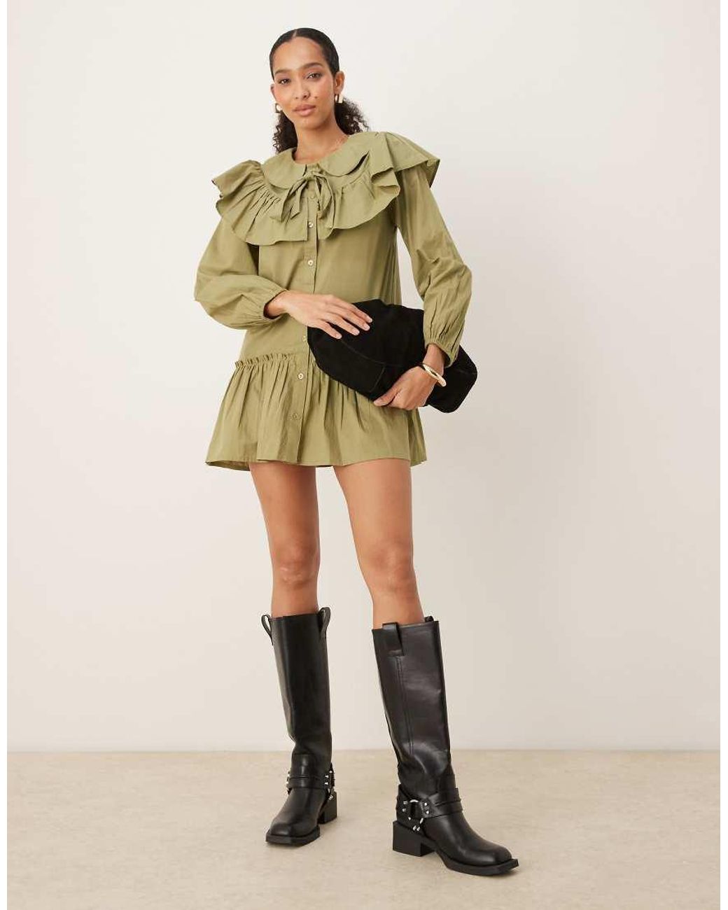 Neon Rose Green Ruffle Collar Smock Dress